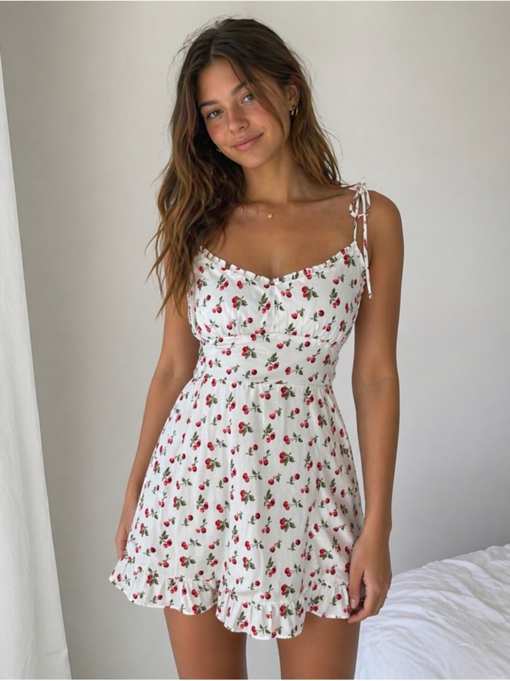 Abercrombie & Fitch White Mini Cherry Print Spaghetti Strap Dress Petite Small